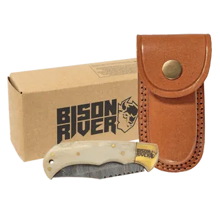 3 3/4" Bone Folding Knife with Damascus Steel Blade and Leather Sheath
