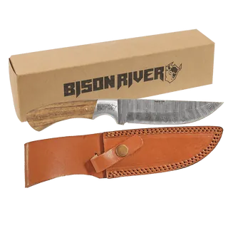 9 1/2" Fixed Blade Wood Knife with Damascus Steel Blade and Leather Sheath