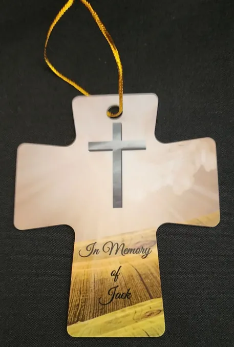 3" x 3.5" Aluminum Cross Ornament w/Ribbon